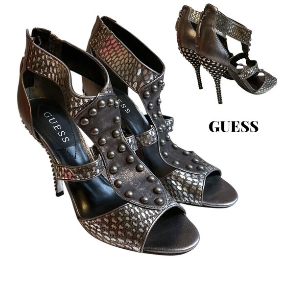 GUESS Stiletto Pumps 6.5M Pewter Black Carole Punk Rock Studded High Heels Y2K - Picture 1 of 14